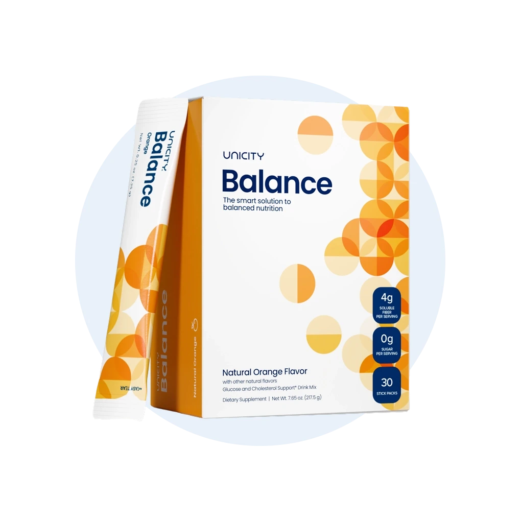 Unicity Balance stick pack and box, natural orange flavor