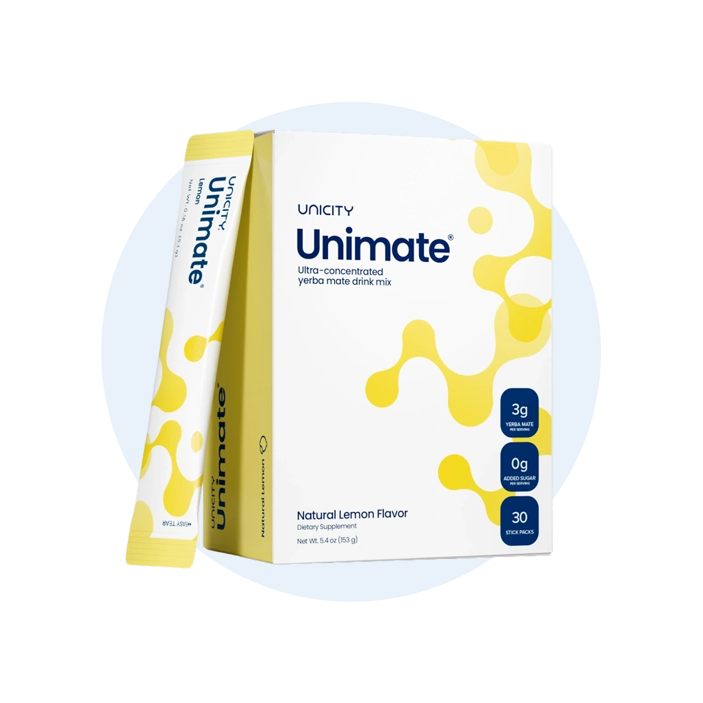 Unicity Unimate stick pack and box, natural lemon flavor